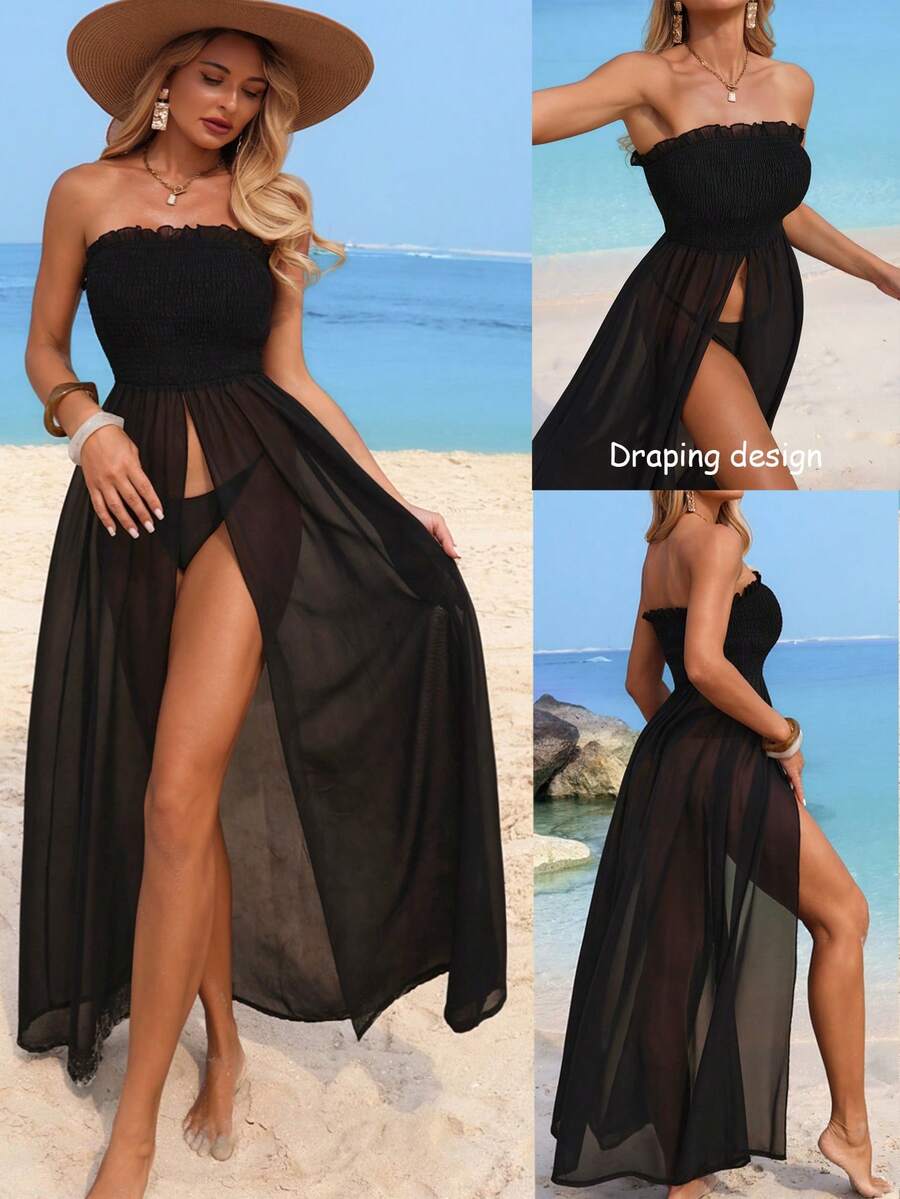 Swim Lushoire Đầm nữ màu trơn, xếp ly, gấu váy nhún bèo, thích hợp cho mùa xuân/hè. - màu đen - Xem 1