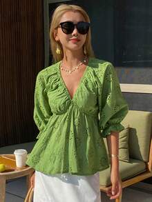 DAZY Women's V-Neck Ruffle Trim Casual Vacation Blouse With Cinched Waist, Spring/Summer - Green - View 3