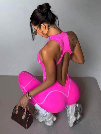 Slayform 无缝高弹力运动健身瑜伽连体裤，带拉链，性感露背设计，时尚款式