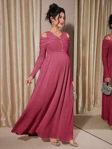 Momance Exposed Shoulder Long Sleeve Button Decor Ribbed A-Line Midi Dress, Spring/Autumn - Hot Pink - View 4