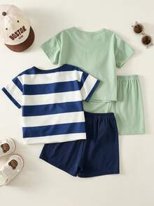 SHEIN 4件套男婴可爱卡通印花针织短袖睡衣套装，夏季基础款多件套 - 彩色 - 查看 2