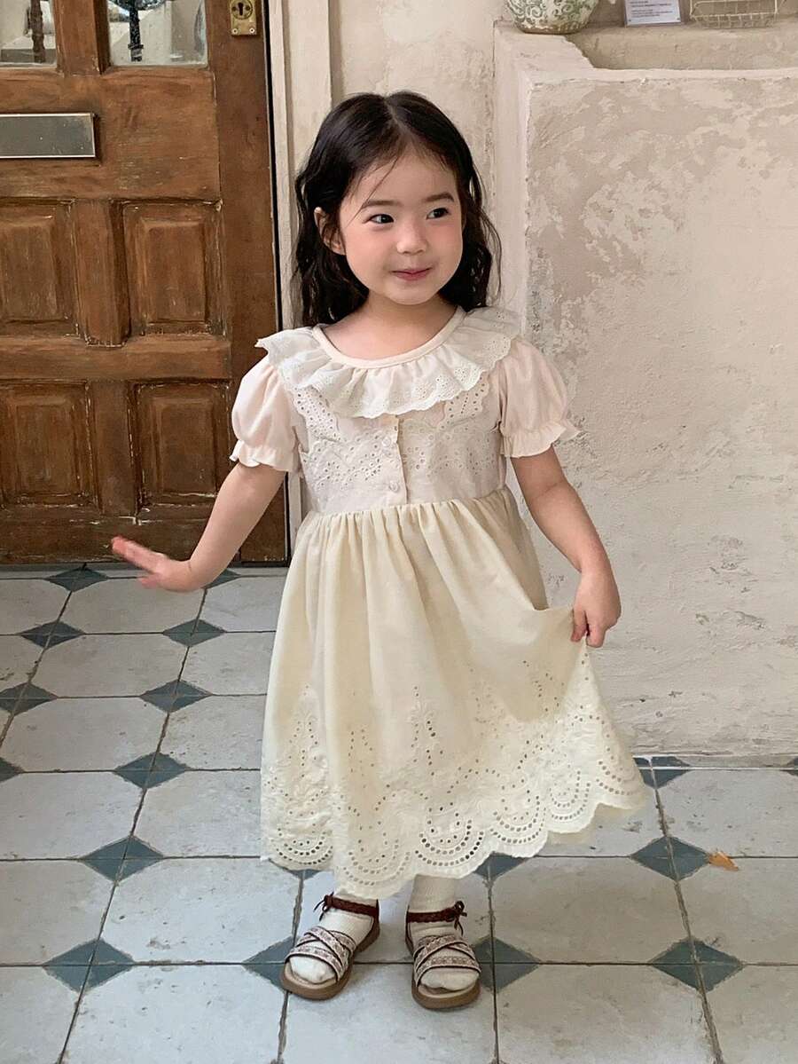 DAZY 女婴/幼儿圆领荷叶边蕾丝短袖连衣裙 - 杏色 - 查看 1