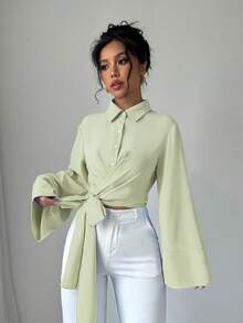 Selianne Women's Solid Color Turndown Collar Single-Breasted Twist Design Fashionable Versatile Daily Long Sleeve Shirt - Mint Green - View 5