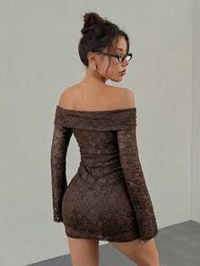 SHEIN EZwear 女士时尚性感撞色蕾丝露肩紧身连衣裙，女士夏季连衣裙，茶会连衣裙 - 咖啡棕 - 查看 2