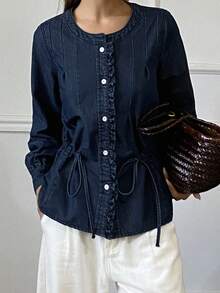 DAZY Women's Loose Cowgirl Style Round Neck Long Sleeve Drawstring Pleated Ruffle Hem Elegant Vintage Denim Blouse, Autumn/Winter - Blue - View 4
