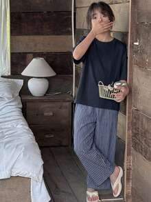 DAZY Tween Mädchen Pyjama-Set mit weiter passender einfarbiger T-Shirt und gestreifter weiter Hose, Frühling/Sommer/Herbst - marineblau - Übersicht 3