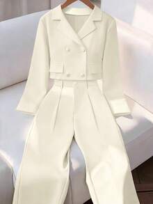 Elenzga Plus Size Women's Business Suit Set With Collar, Decorative Buttons, And Straight Leg Pants, Solid Color - Apricot - View 8