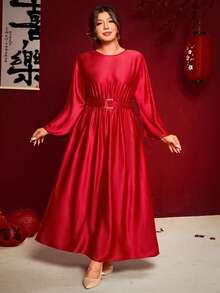 Cravure Plus Size Women's Bright Red Batwing Sleeve Tie Neck Date Dress - Red - View 7