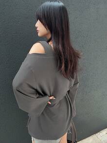 FRIFUL Damska koszulka z długim rękawem, asymetrycznym krojem i luźnym krojem w jednolitym kolorze z paskiem - Szary - Zobacz 3