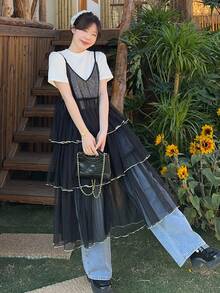 DAZY Women's Lace Layered Cake Slip Midi Dress - Black - View 6