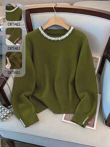 GlowEve CURVE Plus Size Elegant Pearl Embellished Crew Neck Long Sleeve Sweater - Olive Green - View 6