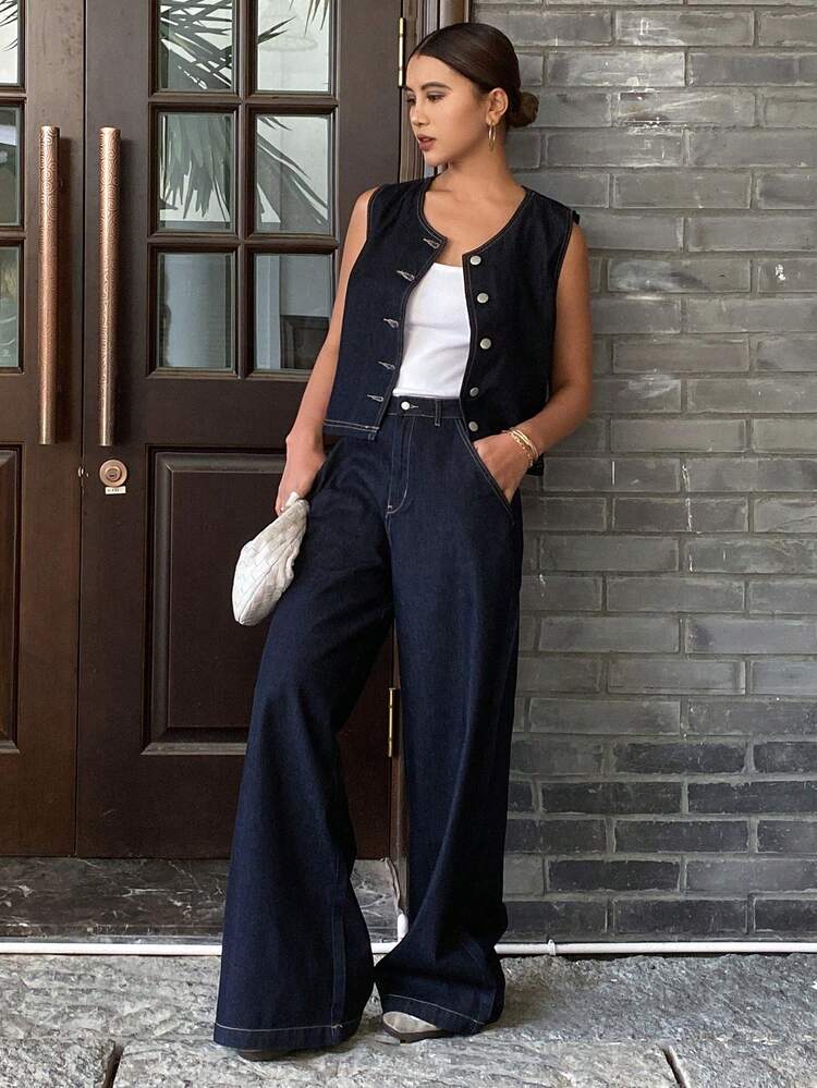 Women Tall Size Round Neck Open Front Denim Vest And Straight Leg Jeans Casual Suit