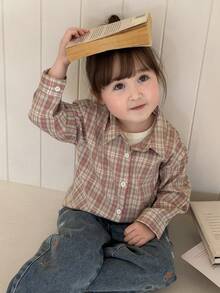 DAZY 女童格子衬衫，长袖休闲卡通领棉质宽松上衣外套 - 粉色 - 查看 7