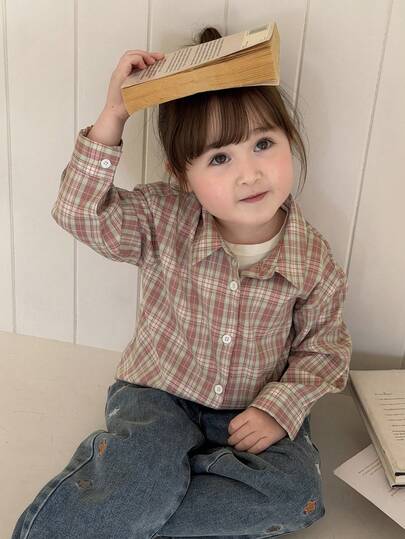 DAZY 女童格子衬衫，长袖休闲卡通领棉质宽松上衣外套