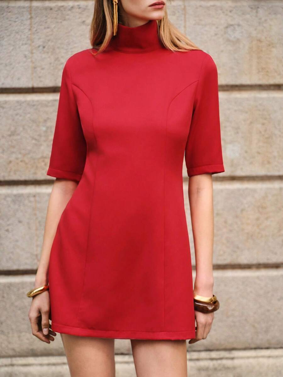 Lumivelle Women's Elegant Modern High-Waisted Sleeveless Short Dress Mock Neck Dress Red Elegant Dress Women Half Sleeve Dress - Red - View 1