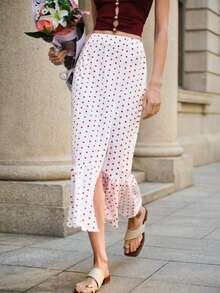 SHEIN Raffinéa Women's Retro Red & White Polka Dot Slit Skirt, High Waist Slimming Mermaid Hem Skirt, Flowy Elegant Office & Vacation Versatile Long Skirt