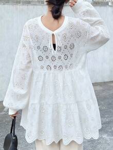 FRIFUL Women's Round Neck Burnout Embroidery Ruffle Splice Fashion Lantern Sleeve Long T-Shirt - White - View 4