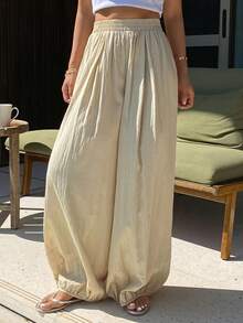 DAZY Women's Loose Solid Color Elastic Waist Casual Lantern Pants, Spring/Autumn - Khaki - View 5
