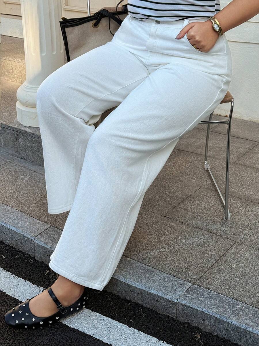 Dazy Plus Dark Wash Blue Waistband Patchwork Drawstring Straight Leg Long Jeans, All Season - White - View 1