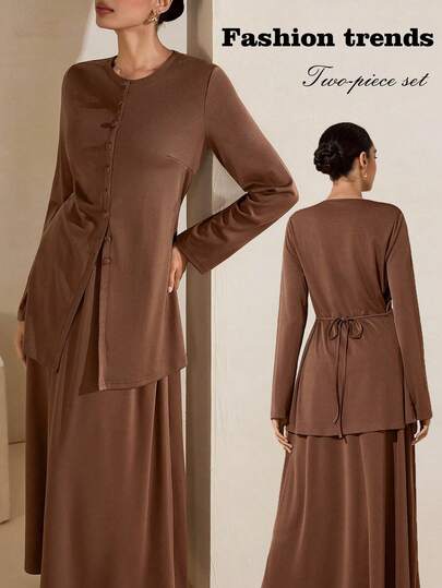 Graceveil Coffee Color Knitted Fabric Button Tie Waist Cardigan + Elastic Waist Skirt, Elegant Arabic Style Women's Outfit Set Modest Sets For Women