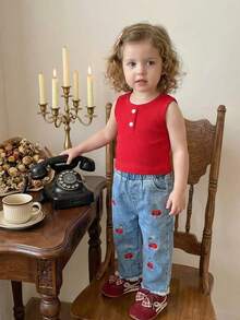 2pcs Girls Cute Summer Knit Camisole And Heart Pattern Elastic Waist Denim Jeans Set