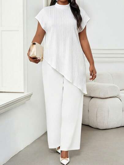 SHEIN Lady Blusa de manga corta con cuello alto y dobladillo asimétrico en unicolor para mujer de talla grande