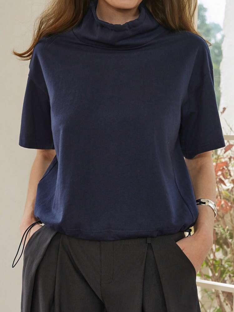 Women's Solid Color Stand Collar Casual Versatile Commuting Short Sleeve T-Shirt