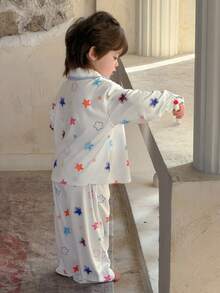 DAZY 2pcs Toddler Boys' Korean Style Star Print Lapel Long Sleeve Shirt And Pants Pajama Set - Red and White - View 5