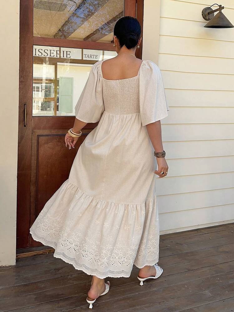 Dazy Plus Plus Size Solid Color Square Collar Ruffle Sleeve Loose Hem Contrast Lace Casual Long Apricot Dress, Spring/Summer Maxi Dress Sundress Vacation Outfits Women