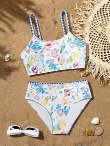 SHEIN 少女比基尼套装，可爱蓝色多色海洋星珊瑚贝壳针织面料，吊带荷叶边露脐上衣和泳裤两件套泳装，时尚优雅休闲，适合游泳、夏季度假、海滩、泳池、假日派对 - 彩色 - 查看 6