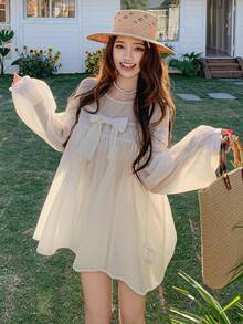 DAZY 女士蝴蝶结衬衫上衣，夏季度假衬衫 - 杏色 - 查看 4