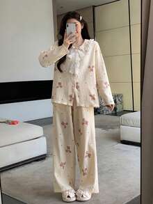 DAZY 可爱小熊蝴蝶结印花蕾丝边彼得潘领女士睡衣套装 - 杏色 - 查看 5