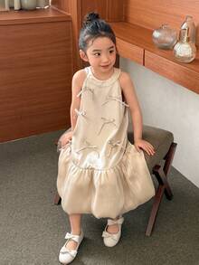 Dazy Kids 韩版少女圆领缎面蝴蝶结正式派对生日礼服 - 杏色 - 查看 6