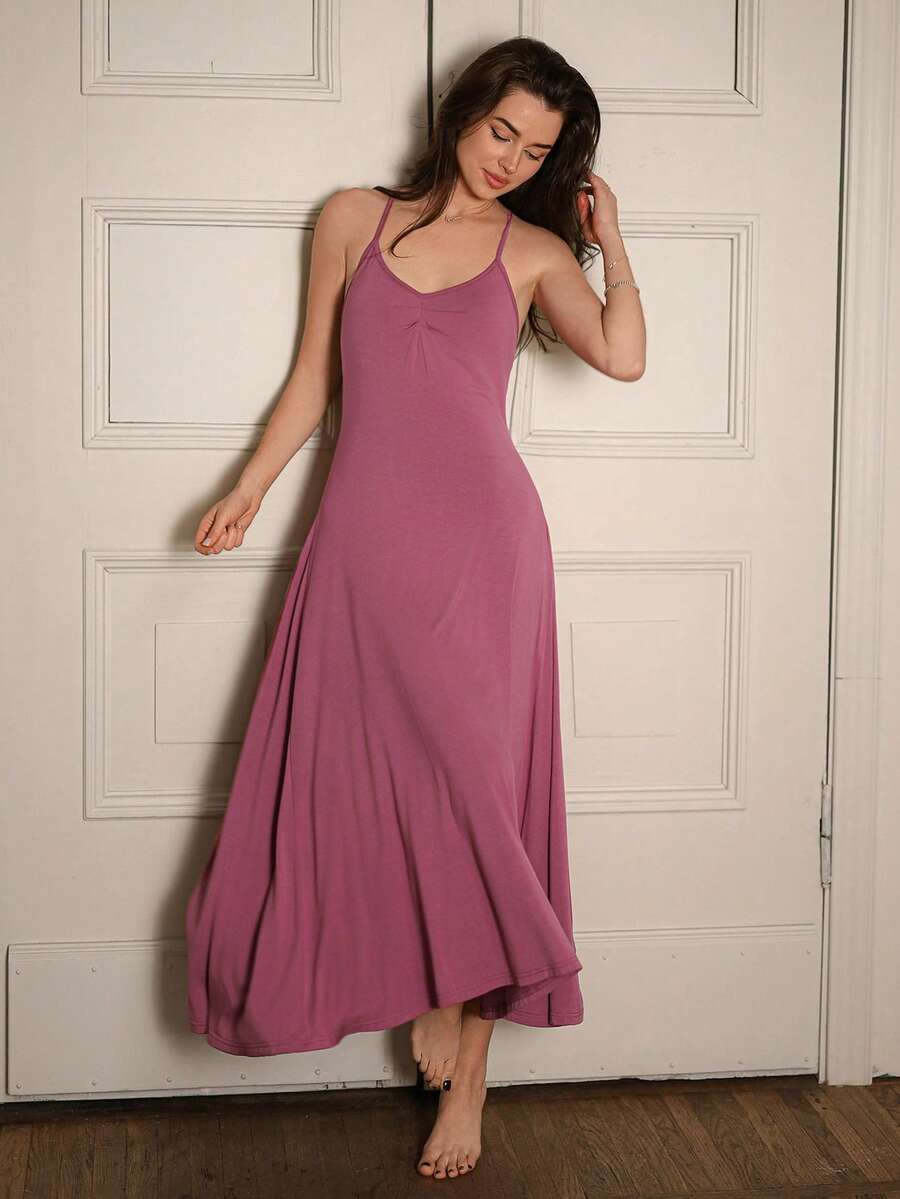 DAZY Minimalist Knit Waist-Cinched Mid-Length Slip Dress For Women - Pink - View 1