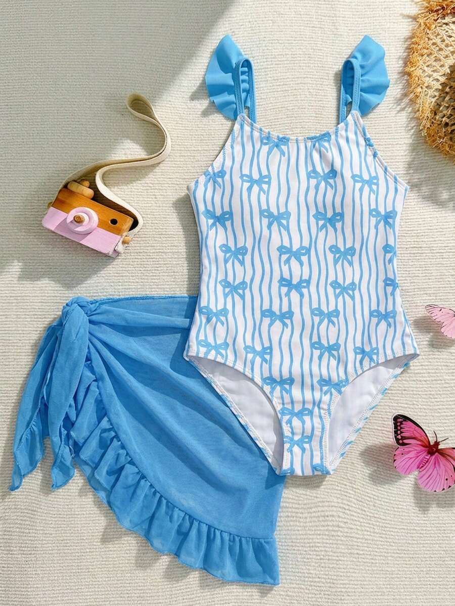 SHEIN 少女可爱蝴蝶结印花肩带荷叶边连体泳衣,适合夏季游泳、度假、海滩穿着 - 藍色 - 查看 1