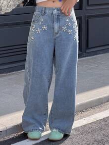 DAZY 少女水钻装饰牛仔裤 - 藍色 - 查看 1