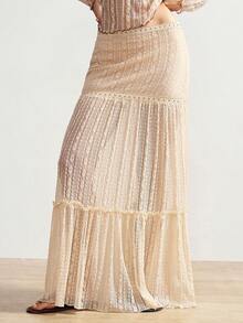 Bohemela 休闲纯色针织蕾丝荷叶边下摆女裙 - 杏色 - 查看 5