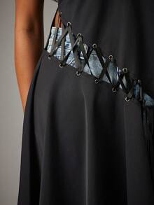 NYA SZN Pierre Skirt Denim High Waisted Rise Ruffle Detail Dark Wash Asymmetrical Fitted Bodycon Blue Festive Holiday Spring Break Easter Valentine's Day Winter Spring Summer Casual Everyday Streetwear Luxury Midi Length Outfits For Women - Black - View 6