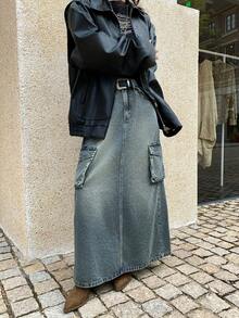 DAZY 女士工装口袋水洗做旧牛仔裙 - 藍色 - 查看 4