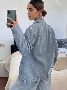 DAZY 女士翻领宽松都市休闲西装外套和牛仔外套 - 淺色水洗藍 - 查看 5