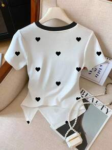 Resyla 女士新款爱心印花撞色领修身不对称下摆T恤，春夏款 - 彩色 - 查看 2