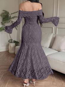 DAZY Women's Elegant Lace Off Shoulder Flare Sleeve Fishtail Dress, Spring/Summer - Bold Plum - View 2