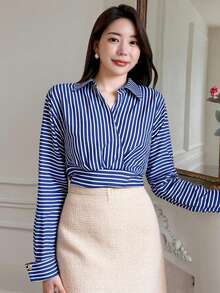DAZY Women's Elegant Striped Collared Shirt, Autumn - Blue - View 2