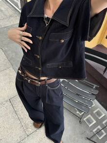 DAZY Women's Casual Denim Short Sleeve Shirt Top And Pants Set - Blue - View 3