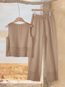 Rusticease Casual Khaki Cotton Sleeveless Round Neck Cropped Blouse With Lace Detail And Drawstring Pants Two Piece Outfit For Women Women Summer 2 Pieces Sets - Khaki - View 2