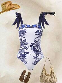 Swim Oasis 大码女式时尚连体泳衣，印花裙摆，可调节肩带，修身设计，休闲度假套装 - 藍色 - 查看 3