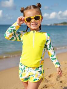 SHEIN 少女柠檬印花夏季沙滩泳装套装 - 黃色 - 查看 7