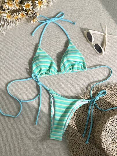 Swim Mod 2026 Summer Vacation Beach Resort Aqua Blue Striped Beaded Cute Striped Bikini 2 Pieces Set 2026 New Women's Swimwear ArrivalFor School,Suitable For Holiday, Date, Afternoon Tea, Western, Cruise, Beach, Island, Road Trip, All Seasons, Music Festival, Boho Vacation,Bohemian Vacation, Chill Autumn ,Western Boho ,Elegant Tops For Women Striped Bikini Set Aqua Bikini Set Bikini Set Summer Bikini Set Vacation Summer Bathing Suits Vacation Bikini