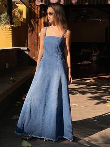 DAZY Women's Frayed Hem Long Casual Elegant Denim Dress - Medium Wash - View 5