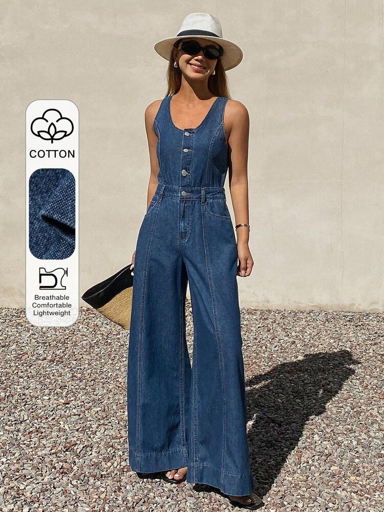 Women's Sleeveless Adjustable Strap Loose Straight Leg Casual Denim Jumpsuit Vacation